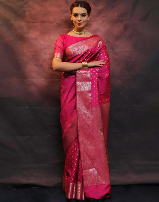 Bright Pink Banarasi Silk Saree With Zari Weaving Work