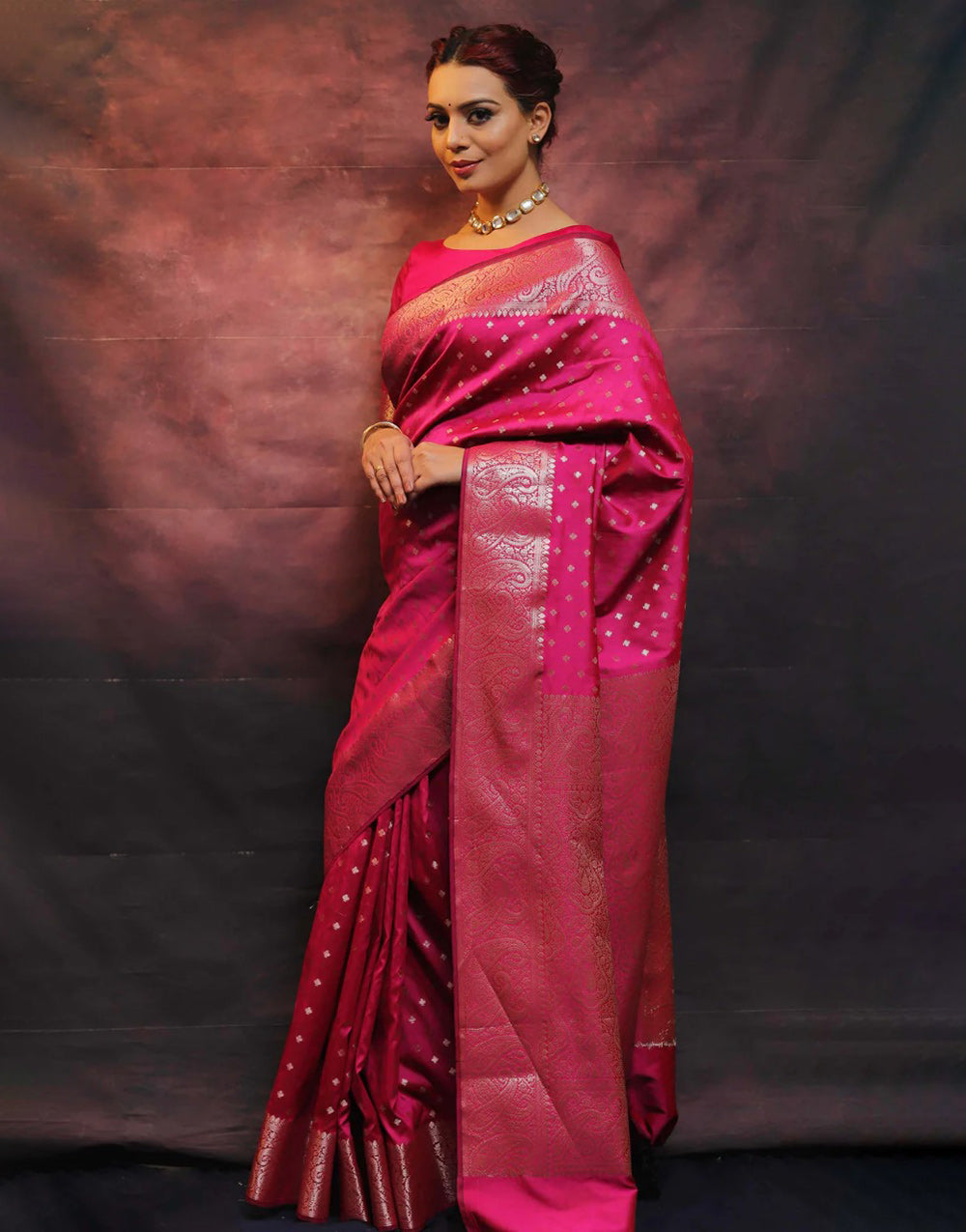 Bright Pink Banarasi Silk Saree With Zari Weaving Work