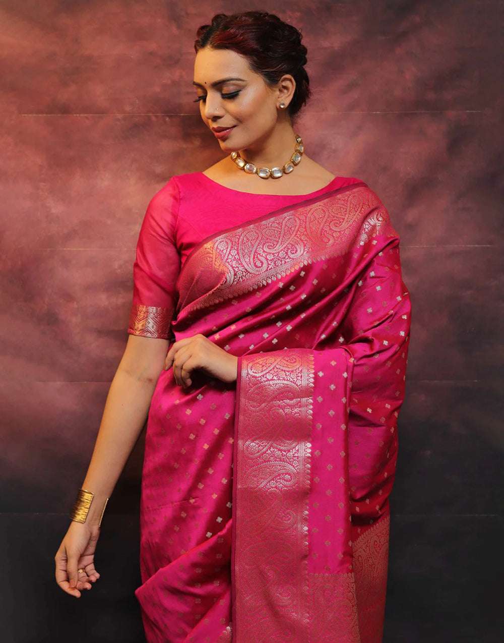 Bright Pink Banarasi Silk Saree With Zari Weaving Work