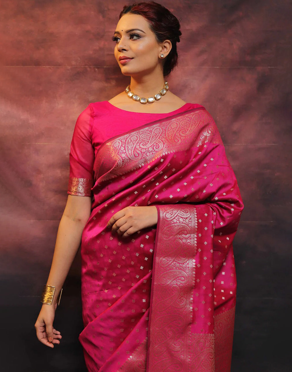 Bright Pink Banarasi Silk Saree With Zari Weaving Work