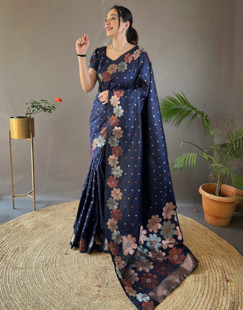 Dark Midnight Blue Banarasi Silk Saree With Zari Weaving Work Beautiful Rich Design Pallu