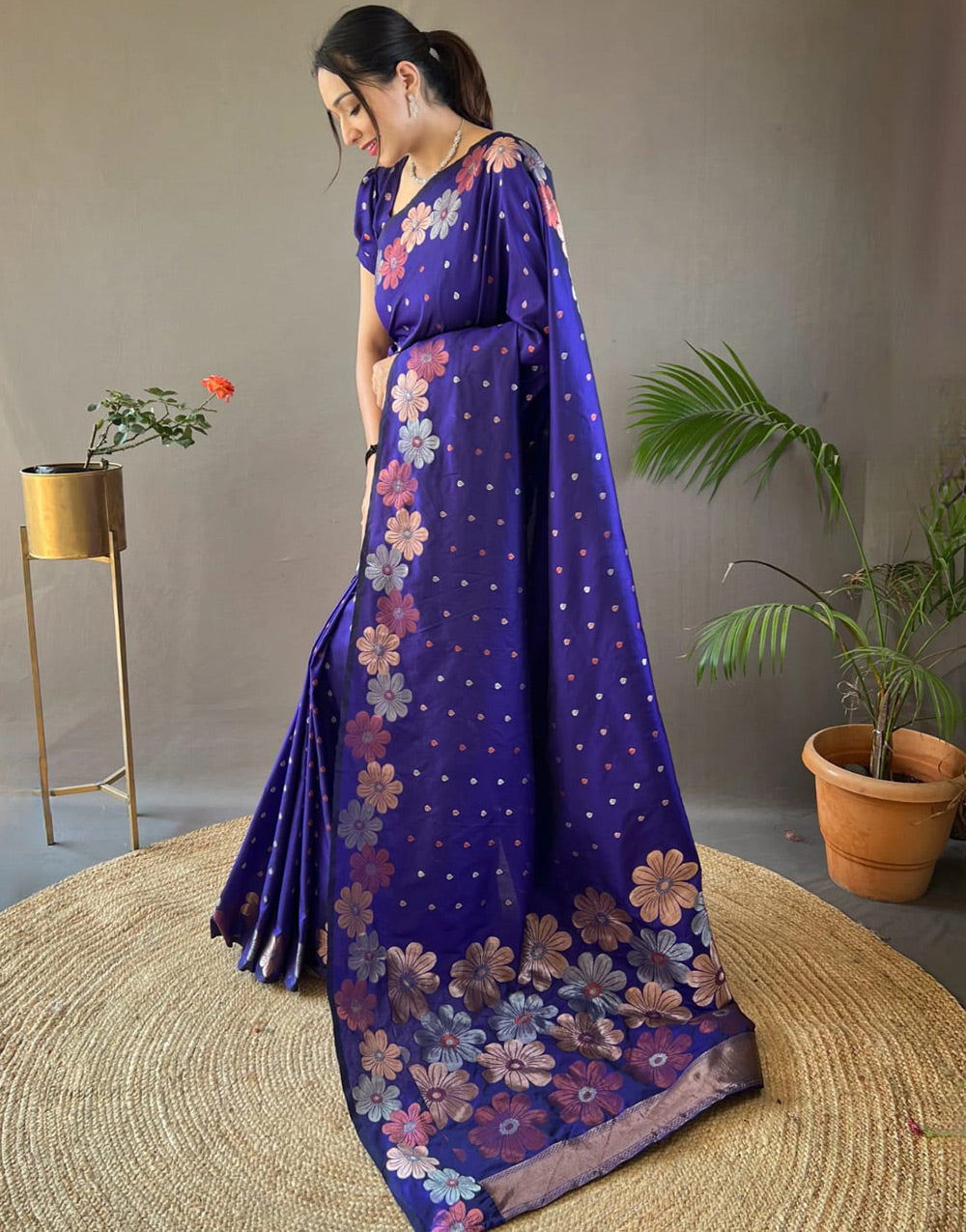 Dark Violet Blue Banarasi Silk Saree With Zari Weaving Work Beautiful Rich Design Pallu