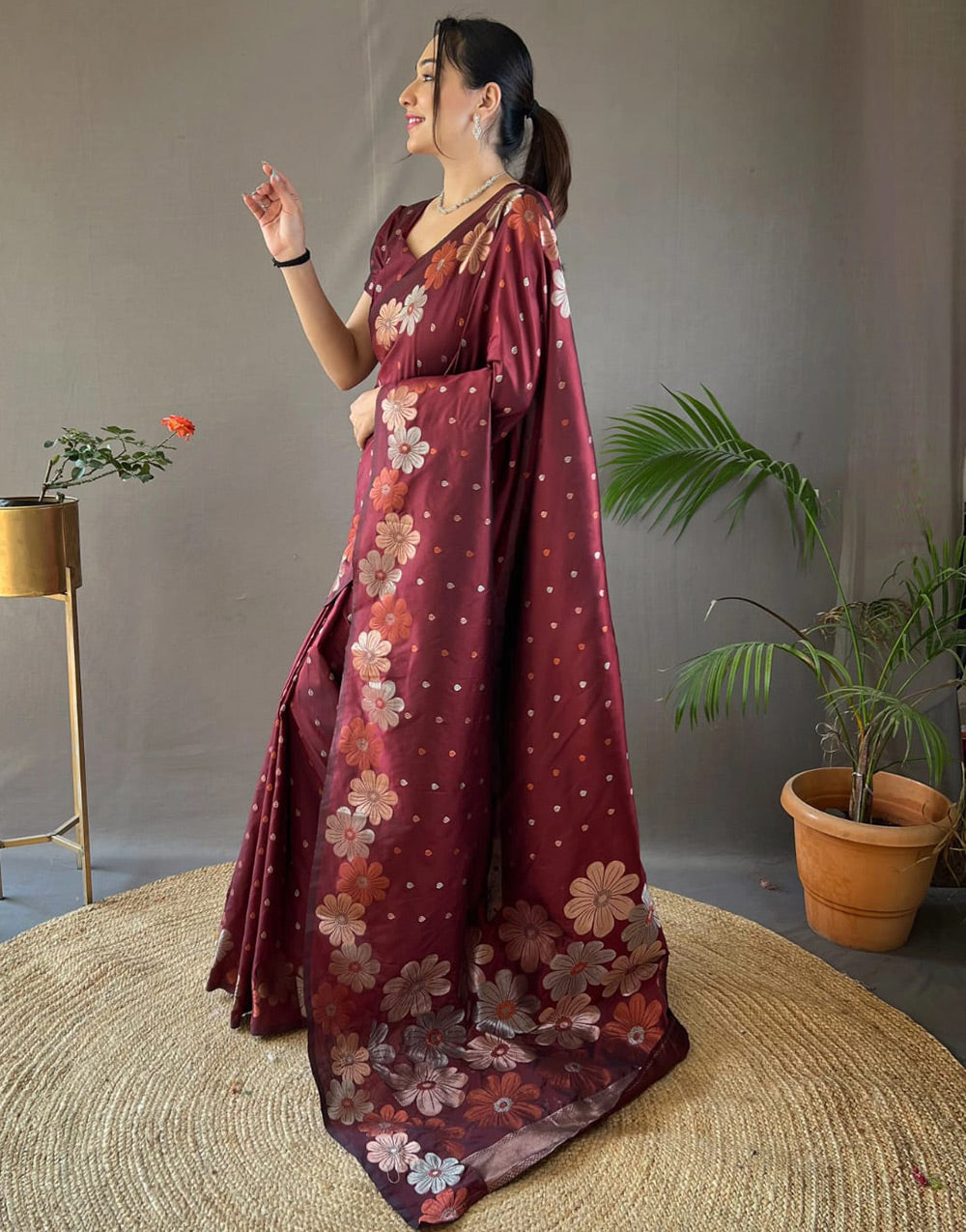 Dark Maroon Banarasi Silk Saree With Zari Weaving Work Beautiful Rich Design Pallu