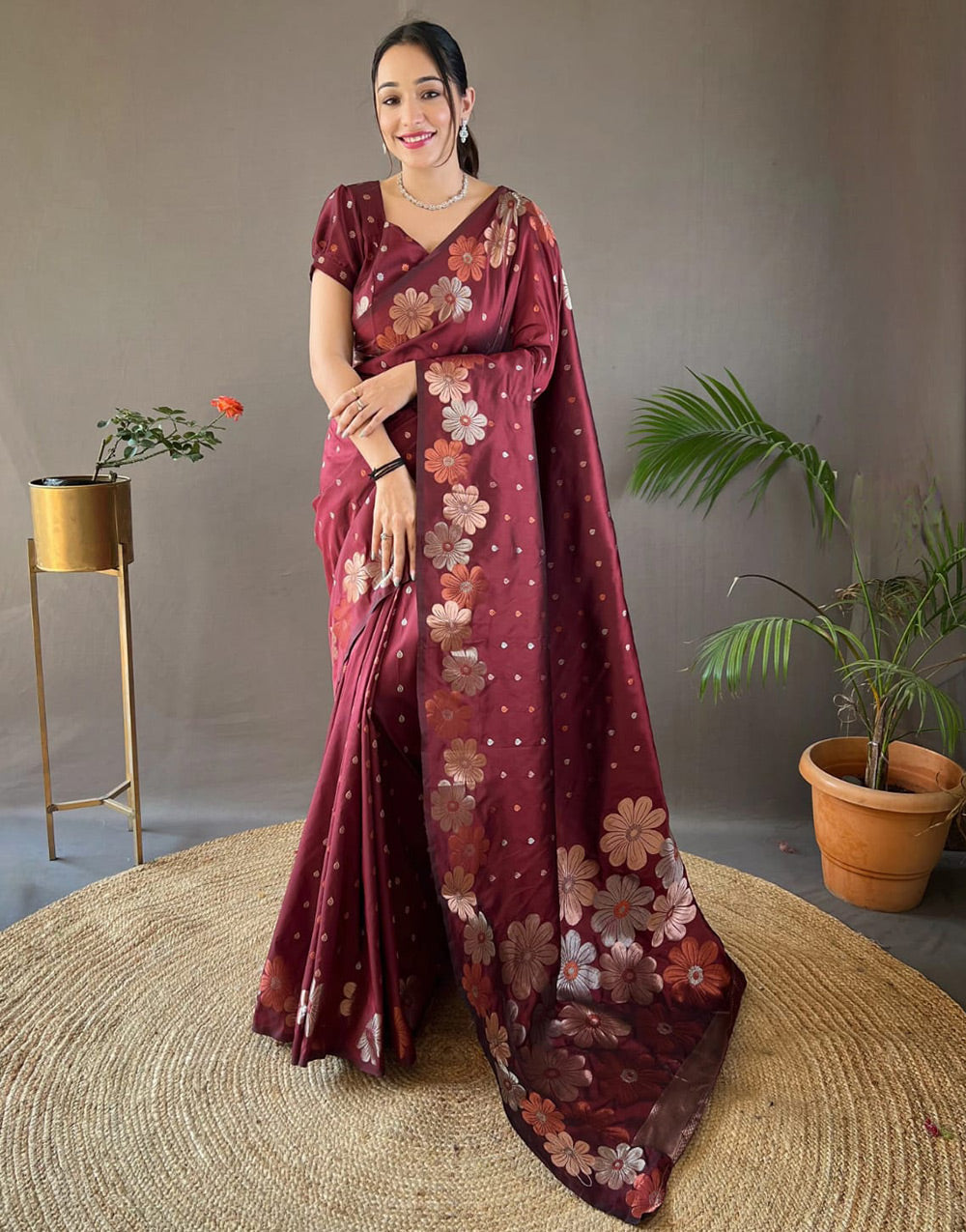 Dark Maroon Banarasi Silk Saree With Zari Weaving Work Beautiful Rich Design Pallu