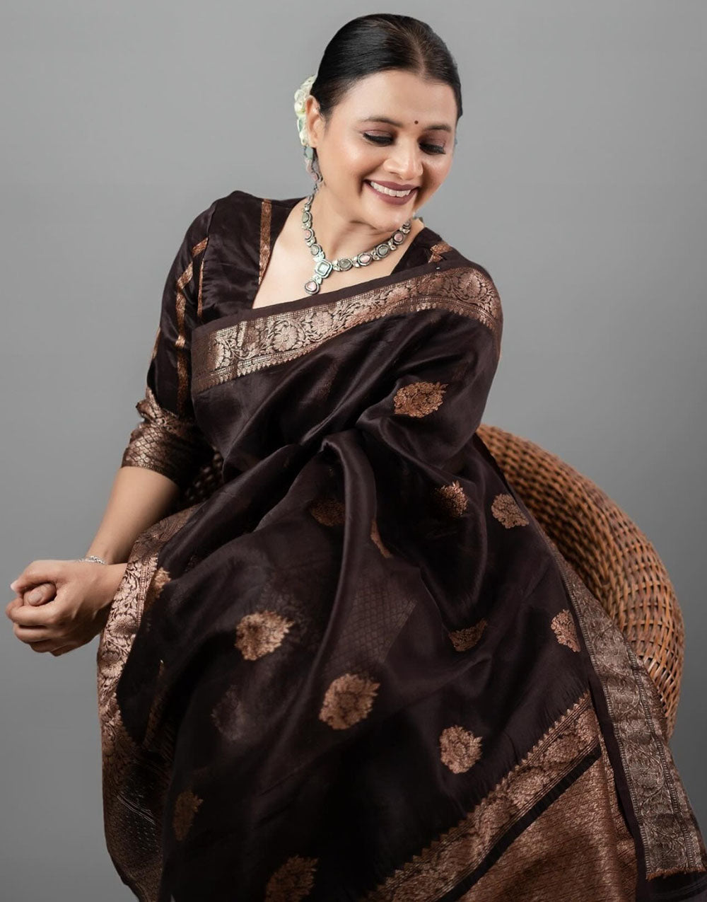 Dark Brown Banarasi Silk Saree With Zari Weaving Work