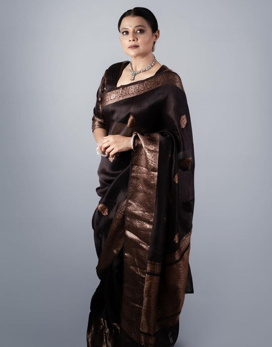 Dark Brown Banarasi Silk Saree With Zari Weaving Work