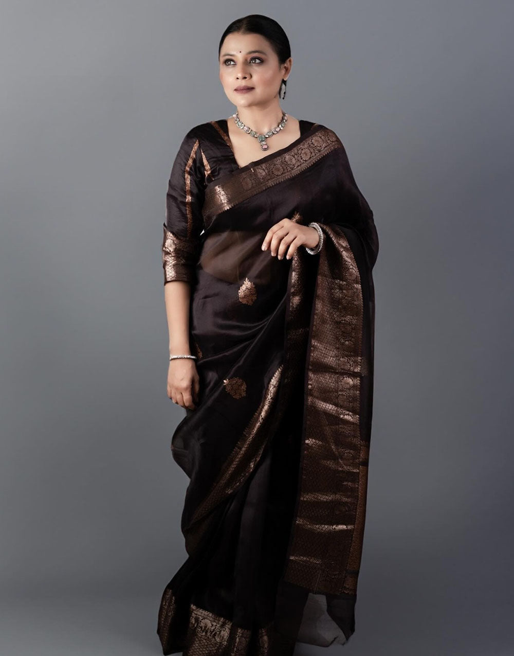 Dark Brown Banarasi Silk Saree With Zari Weaving Work