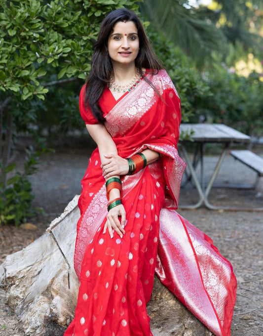 Candy Red Soft Banarasi Silk Saree With Zari Weaving Work