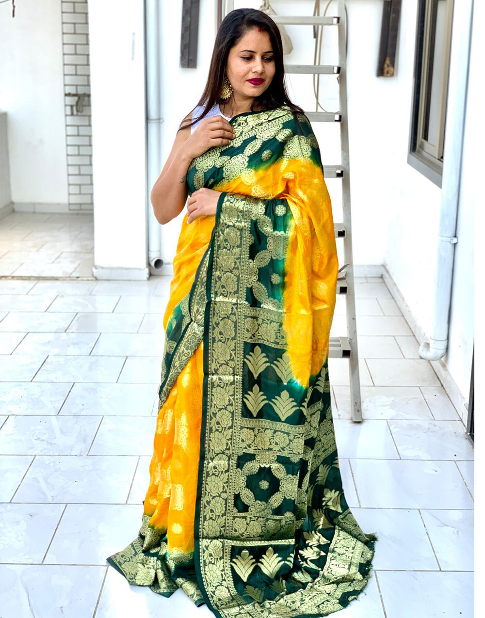 Bright Yellow Hand Bandhej Bandhani Saree With Zari Weaving Work