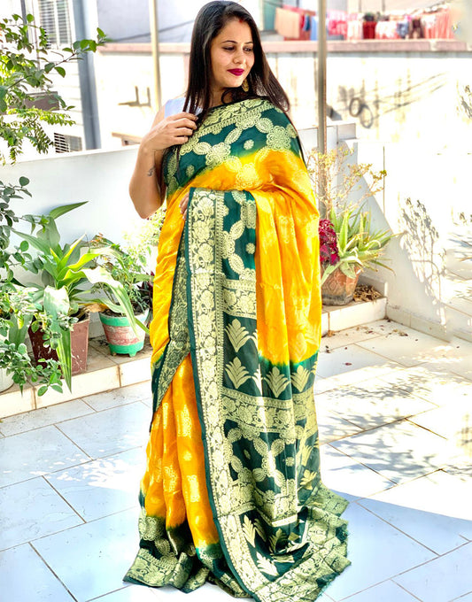 Bright Yellow Hand Bandhej Bandhani Saree With Zari Weaving Work