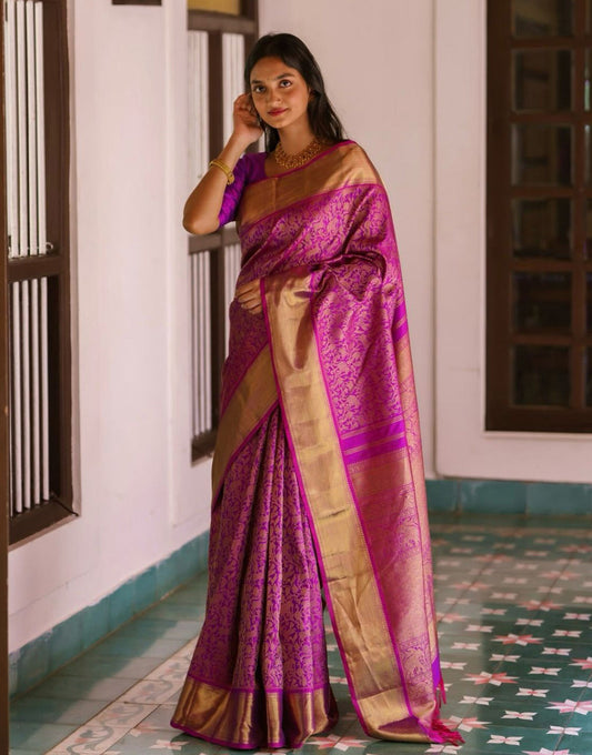 Dark Magenta Banarasi Silk Saree With Gold Zari Weaving Work