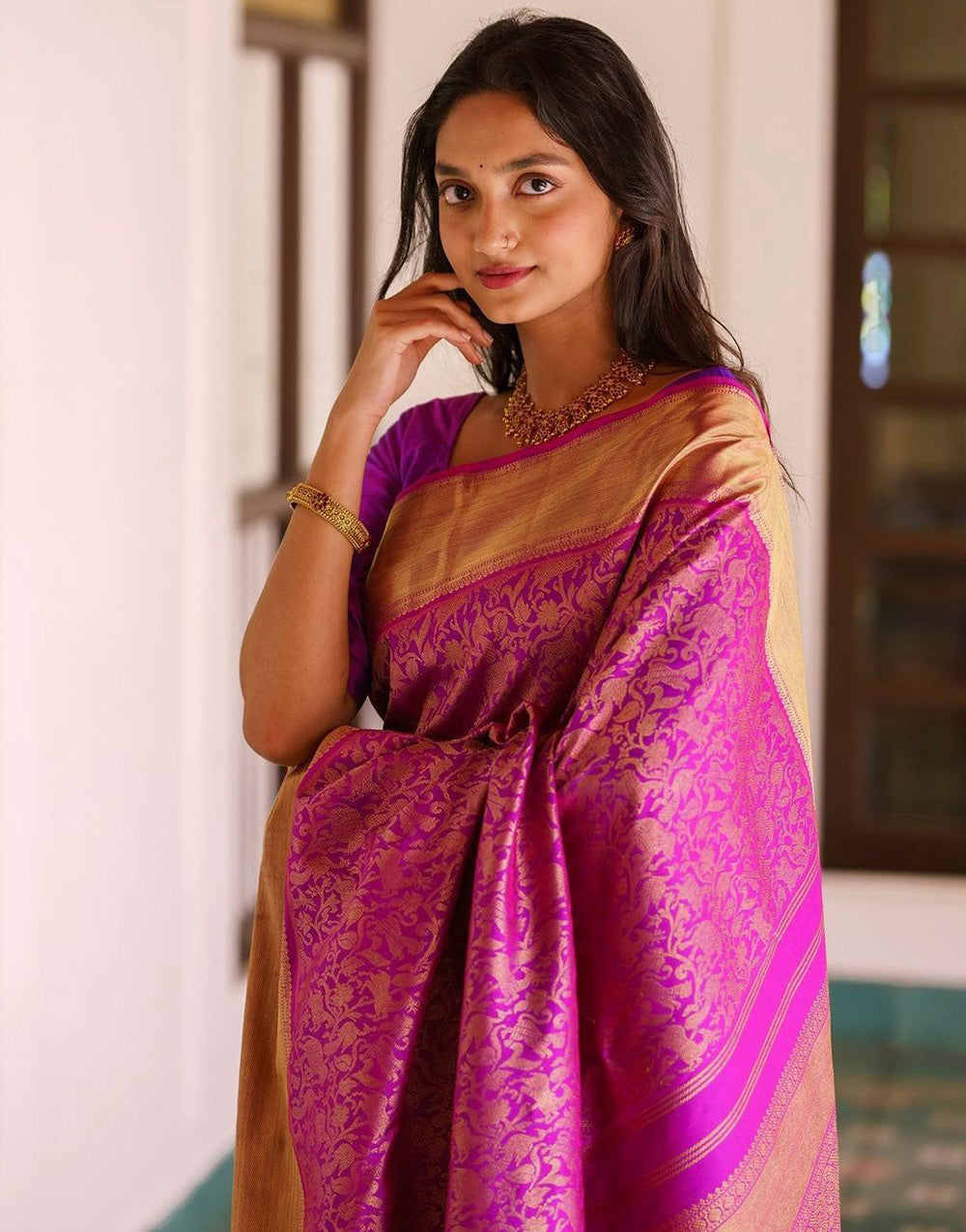 Dark Magenta Banarasi Silk Saree With Gold Zari Weaving Work