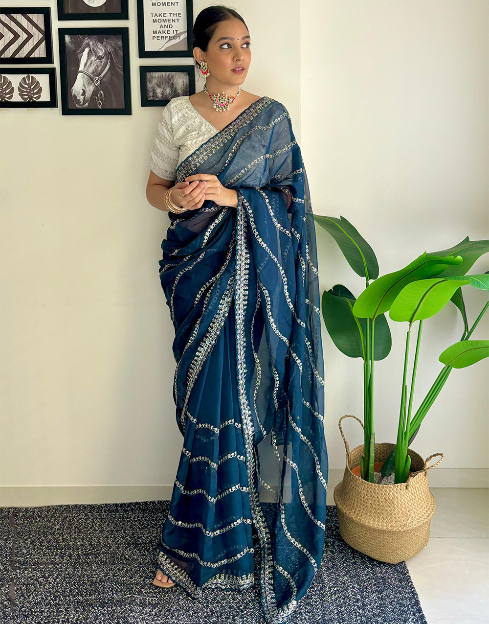 Aegean Blue Organza Saree With Zari & Sequence Work