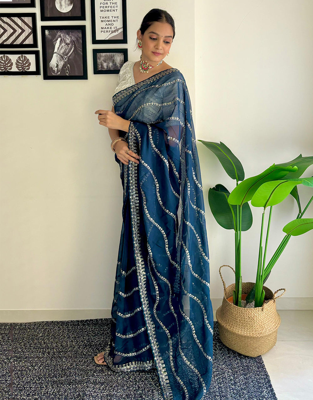 Aegean Blue Organza Saree With Zari & Sequence Work