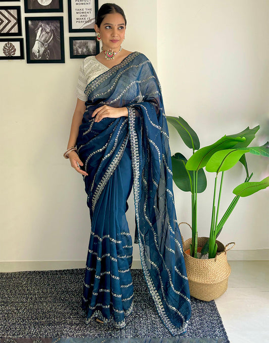 Aegean Blue Organza Saree With Zari & Sequence Work