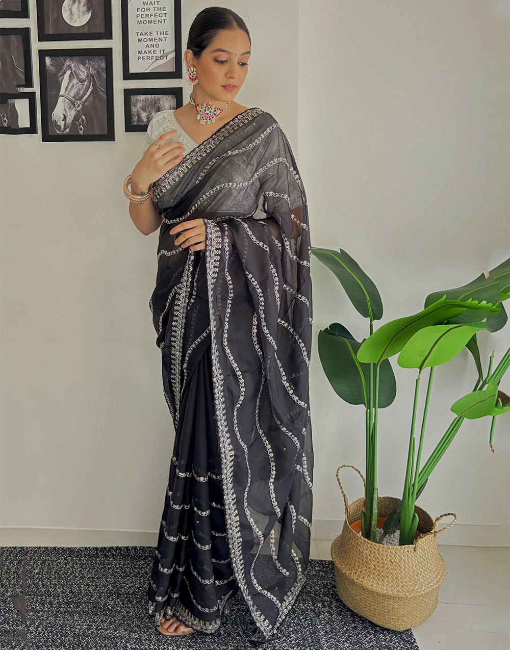 Black Organza Saree With Zari & Sequence Work