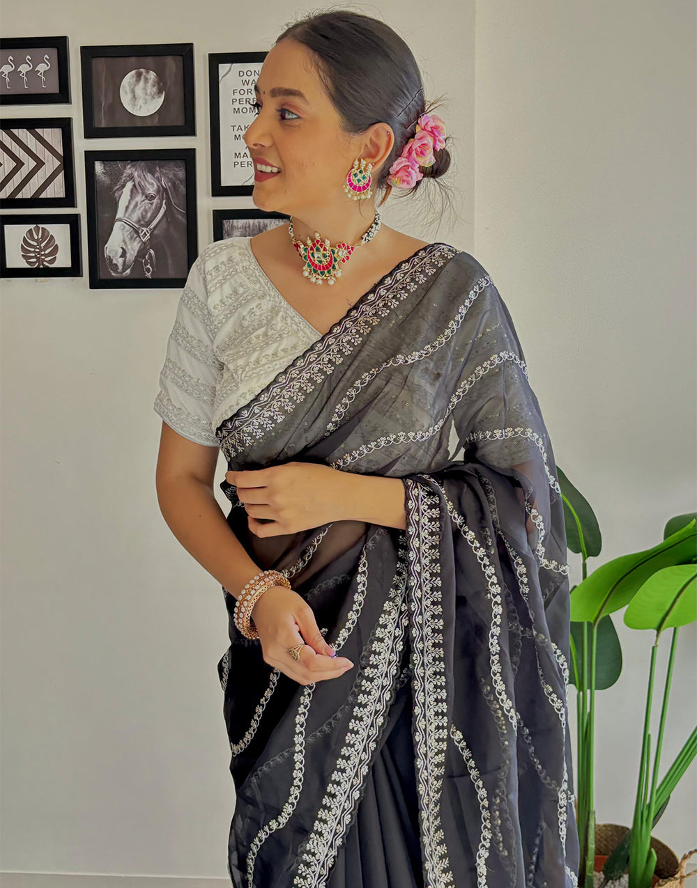 Black Organza Saree With Zari & Sequence Work