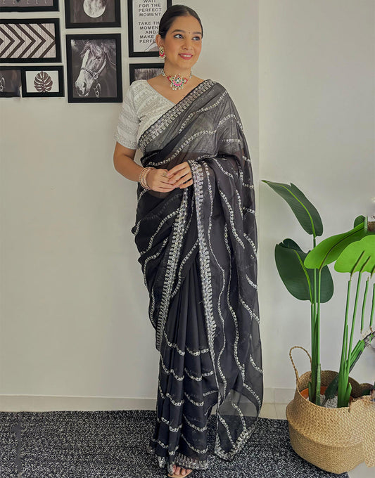 Black Organza Saree With Zari & Sequence Work