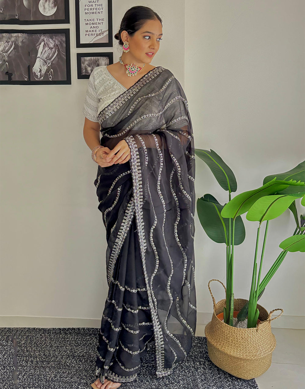 Black Organza Saree With Zari & Sequence Work