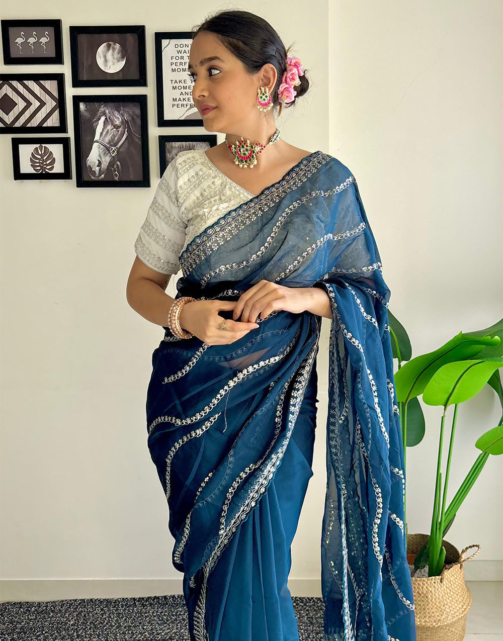 Aegean Blue Organza Saree With Zari & Sequence Work