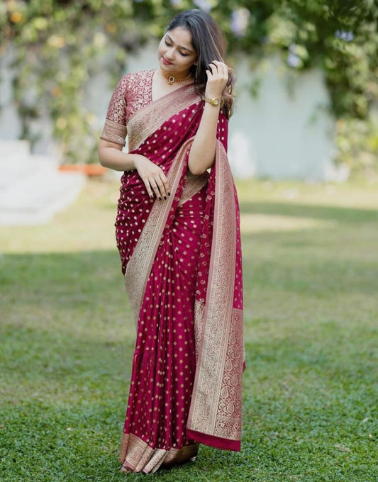 Bright Maroon Banarasi Silk Saree With Zari Weaving Work