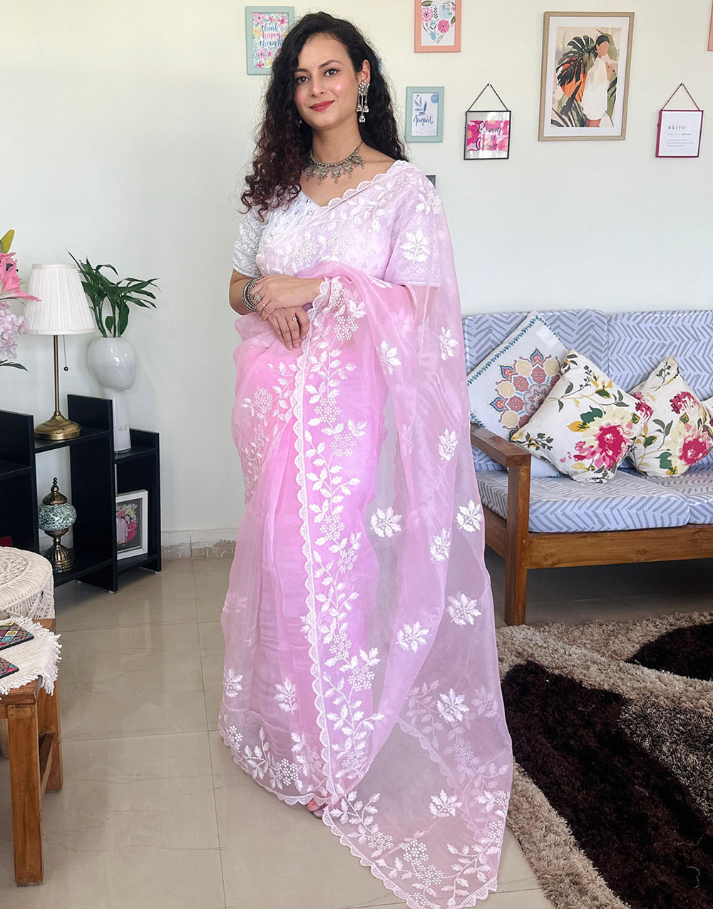 Baby Pink Pure Organza Saree With Embroidery Work