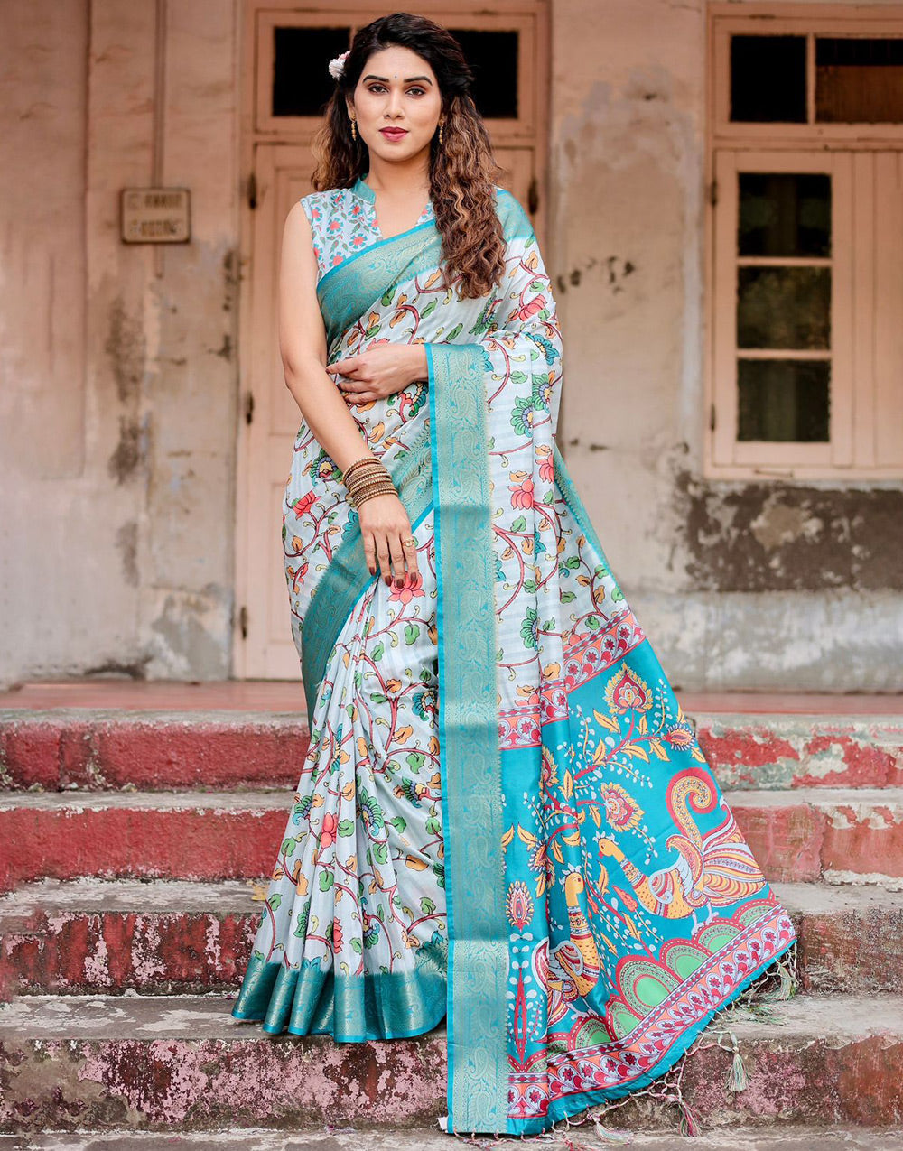 Baby Blue Silk Saree With Printed & Weaving Border