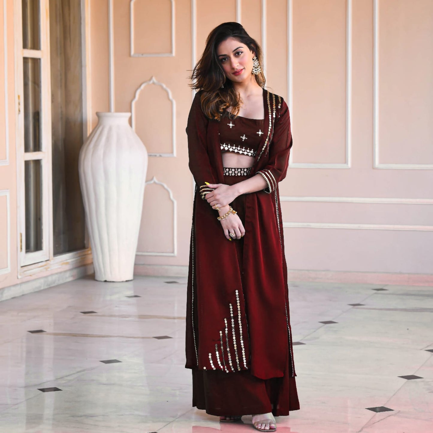 Beautiful Designer Top Pant and Jecekt 3 Piece Sharara Suit