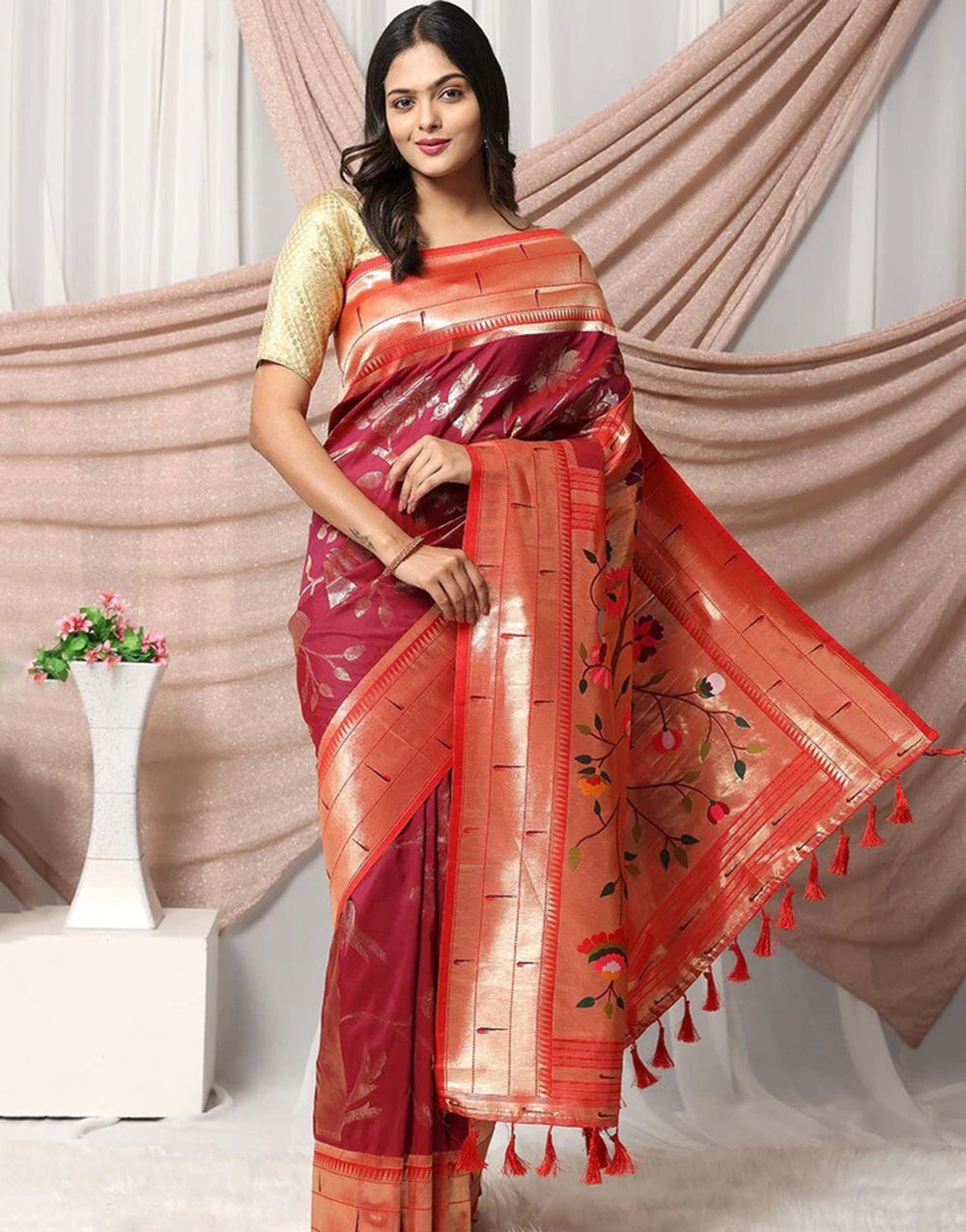 Aesthetic Maroon Banarasi Silk Saree With Zari Weaving Work