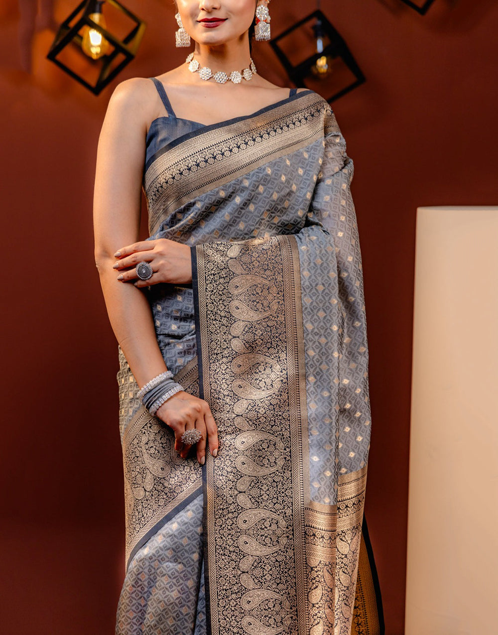 Coin Gray Banarasi Soft Silk Saree With Gold Zari Weaving Work