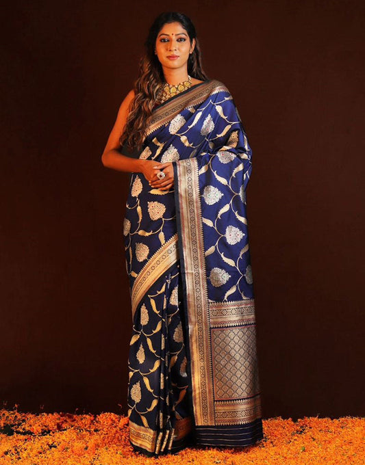 Navy Blue Banarasi Soft Silk Saree With Zari Weaving Work