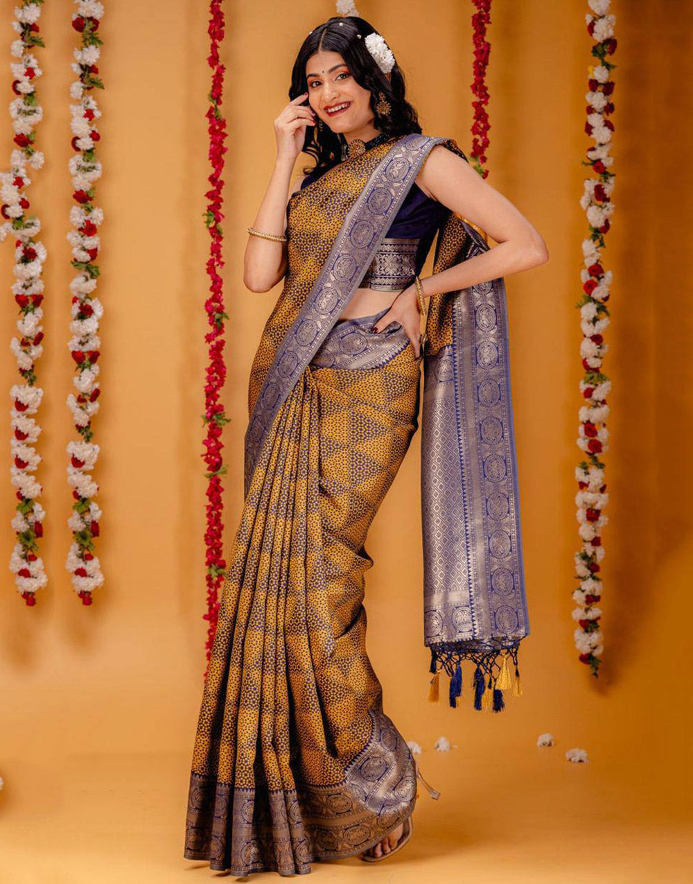 Navy Blue Banarasi Silk Saree With Zari Weaving Work