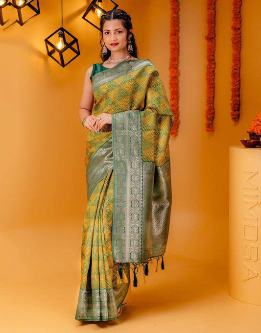 Dark Green Banarasi Silk Saree With Zari Weaving Work