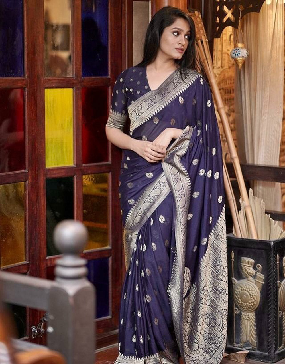 Navy Blue Soft Banarasi Silk Saree With Zari Weaving Work