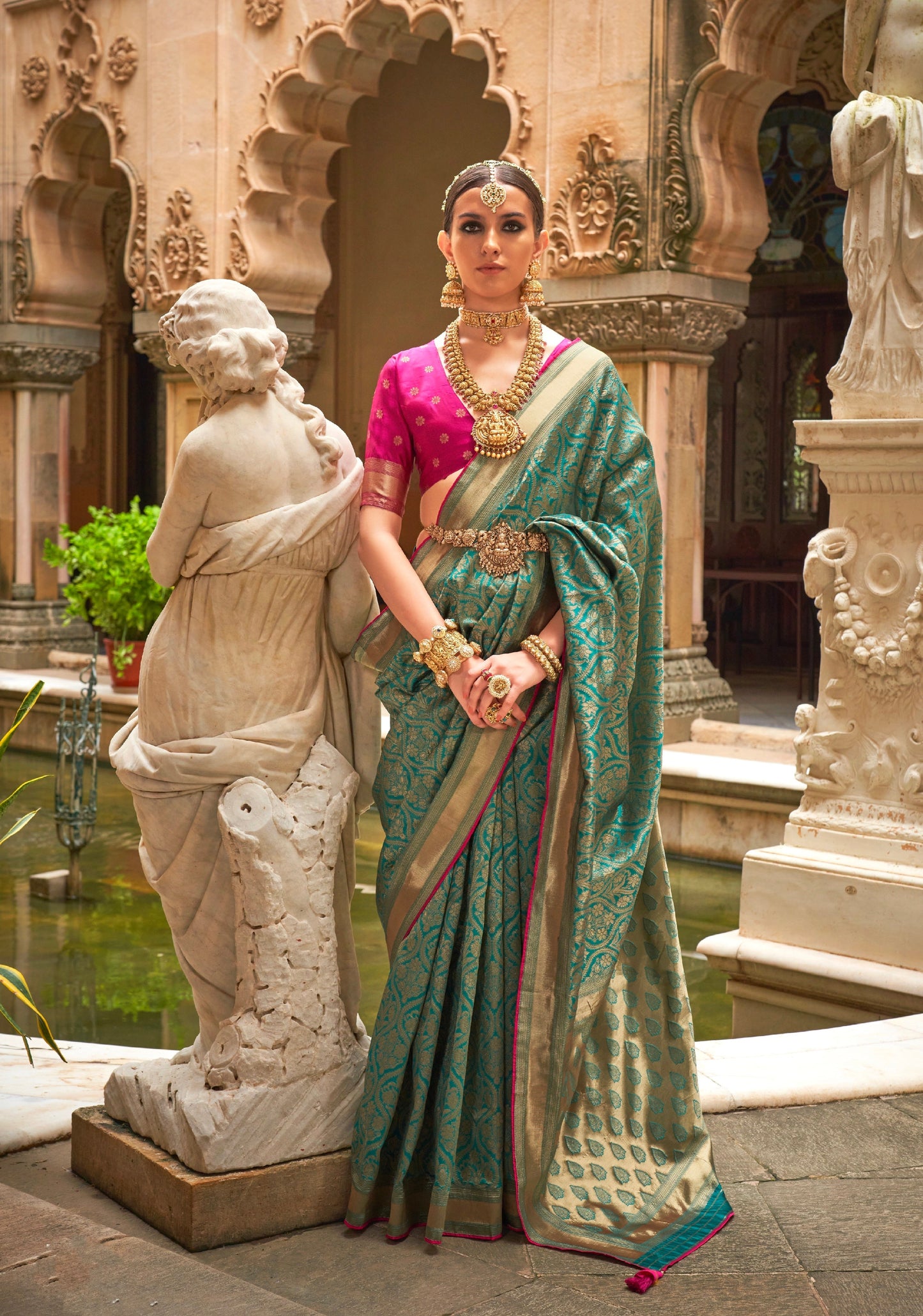 Green and Gold Banarasi Silk Saree with Jacquard Weaving and Blouse