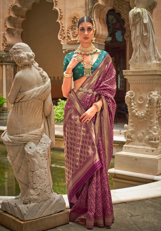 Maroon and Gold Banarasi Silk Saree with Jacquard Weaving and Blouse