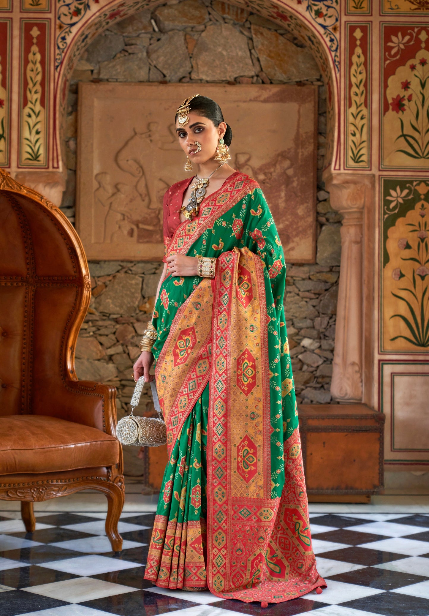 Green and Red Banarasi Silk Saree with Gold Zari Weaving and Blouse