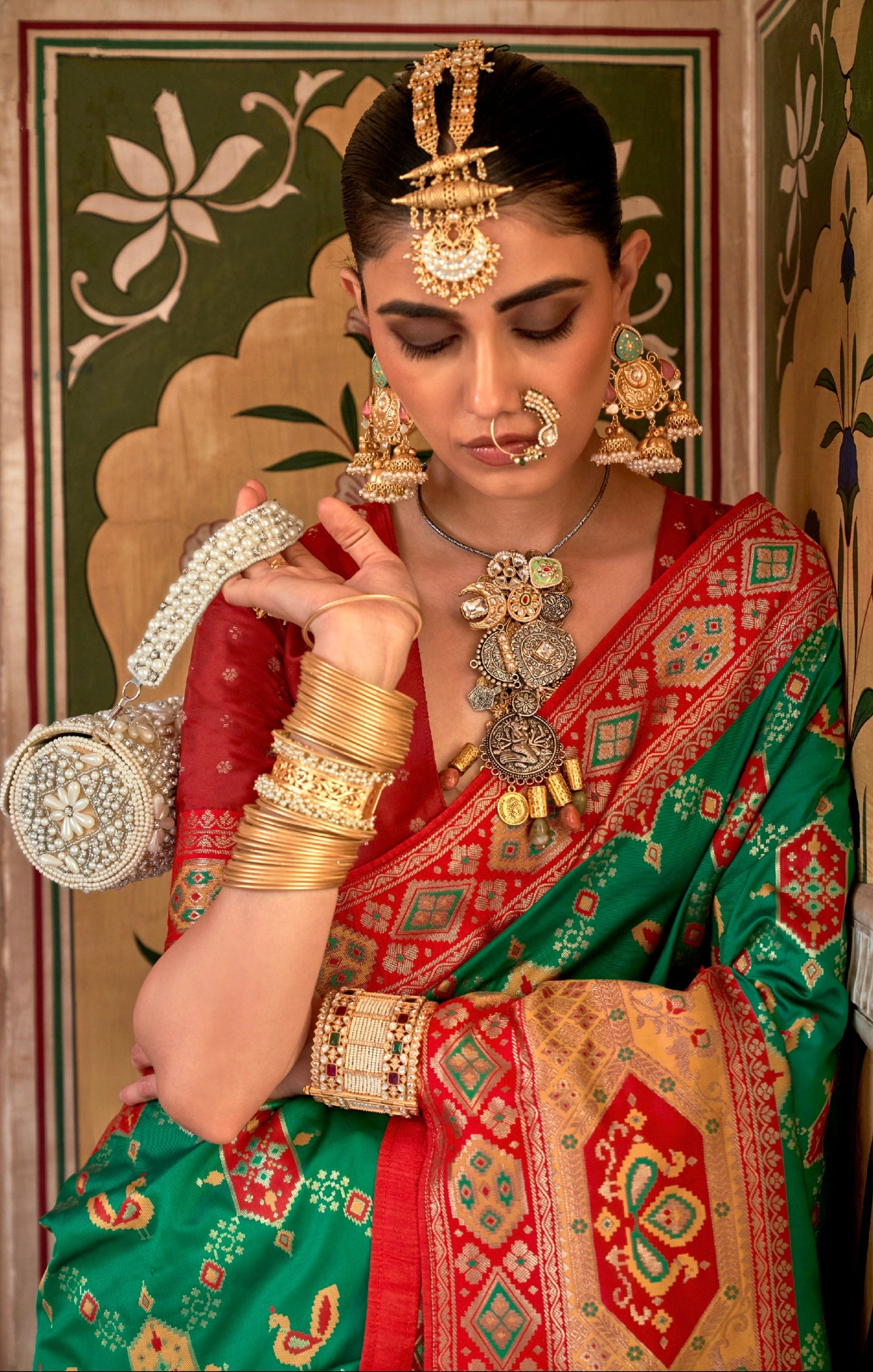 Green and Red Banarasi Silk Saree with Gold Zari Weaving and Blouse