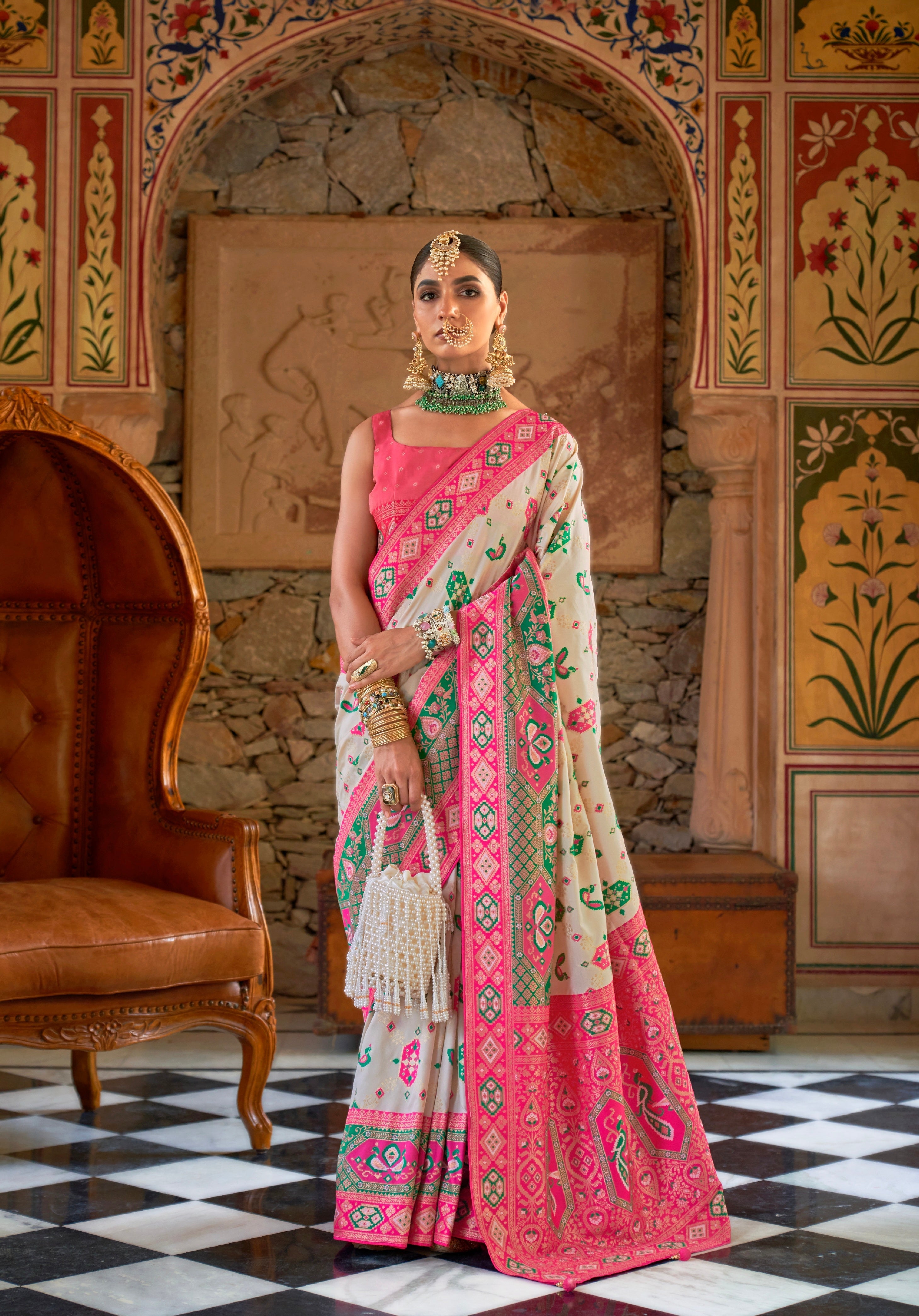 Off-White and Pink Banarasi Silk Saree with Gold Zari Weaving and Blouse