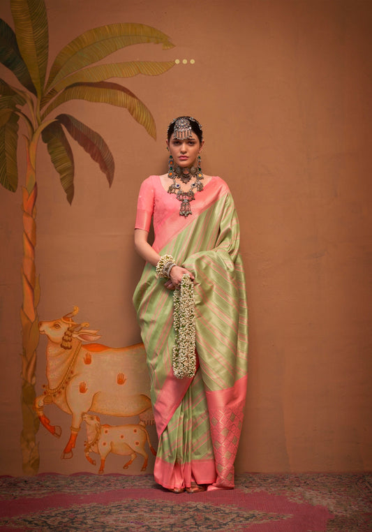 Green and Pink Handloom Weaving Silk Saree with Handloom Silk Blouse