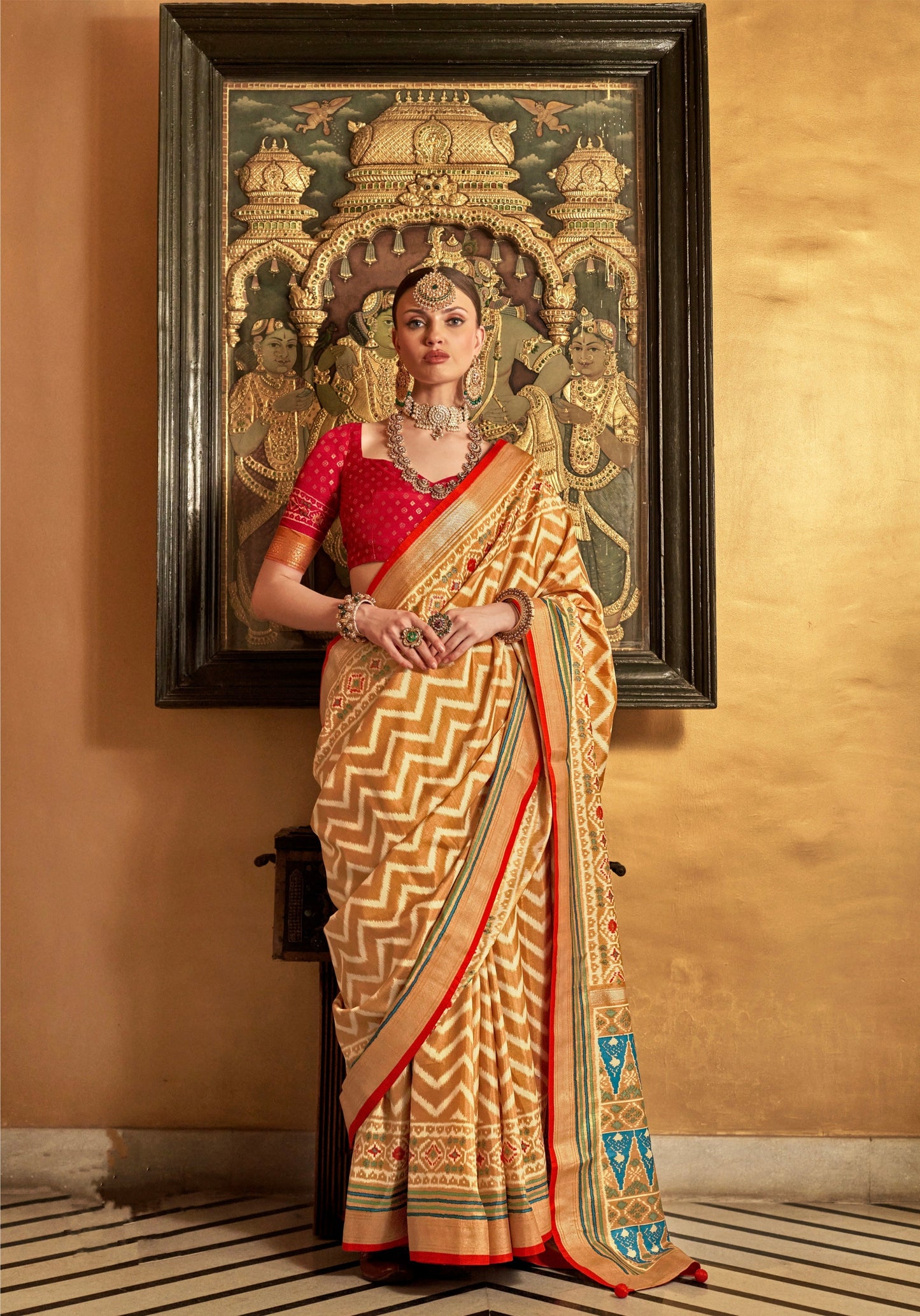 Beige and Red Mercerized Sigma Silk Patola Saree with Gold Print and Kandora Belt