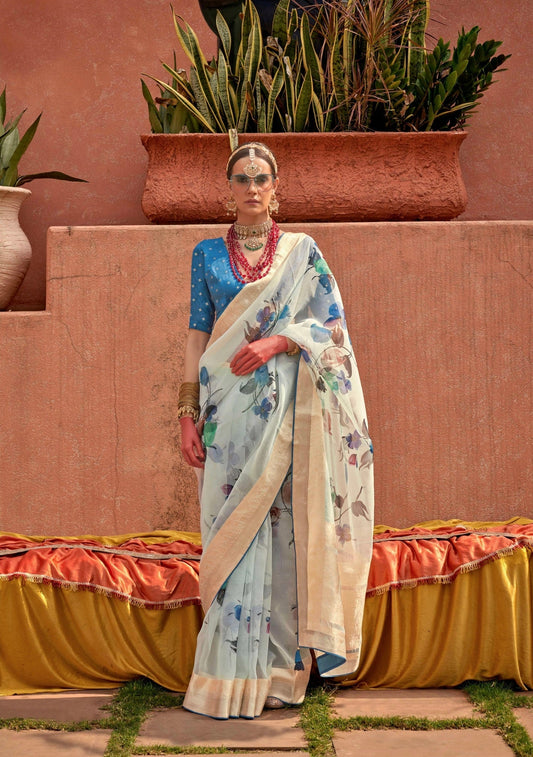 Off-White Organza Silk Saree with Jacquard Viscose Pallu and Border