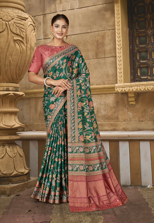 Green Floral Print Gajji Silk Saree with Handwork and Stone Work Border