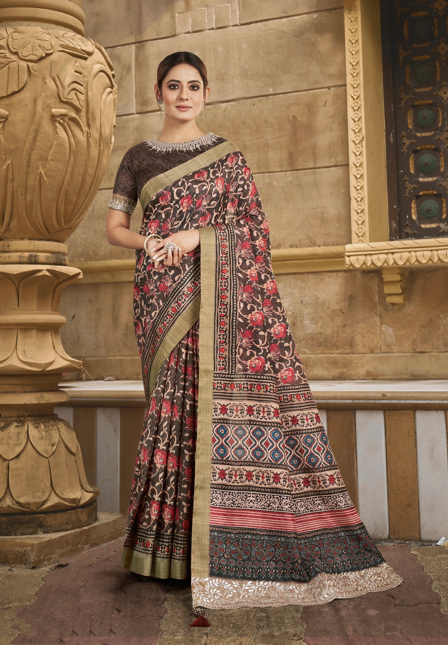 Beige and Maroon Floral Print Gajji Silk Saree with Handwork and Stone Work Border