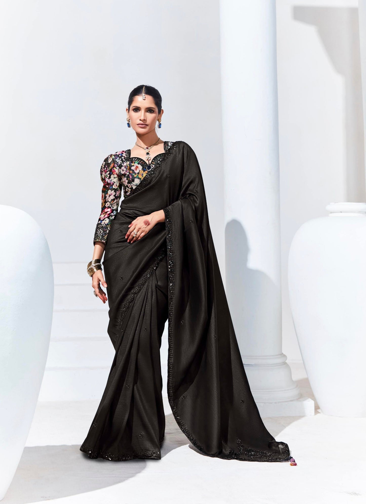 Black Organza Saree with Sequins and Thread Embroidery