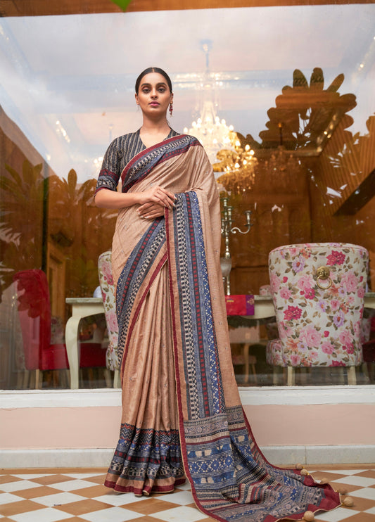 Beige and Red Soft Khadi Silk Saree with Digital Print and Foil Work