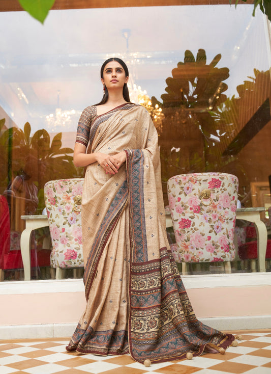 Beige and Black Soft Khadi Silk Saree with Digital Print and Foil Work