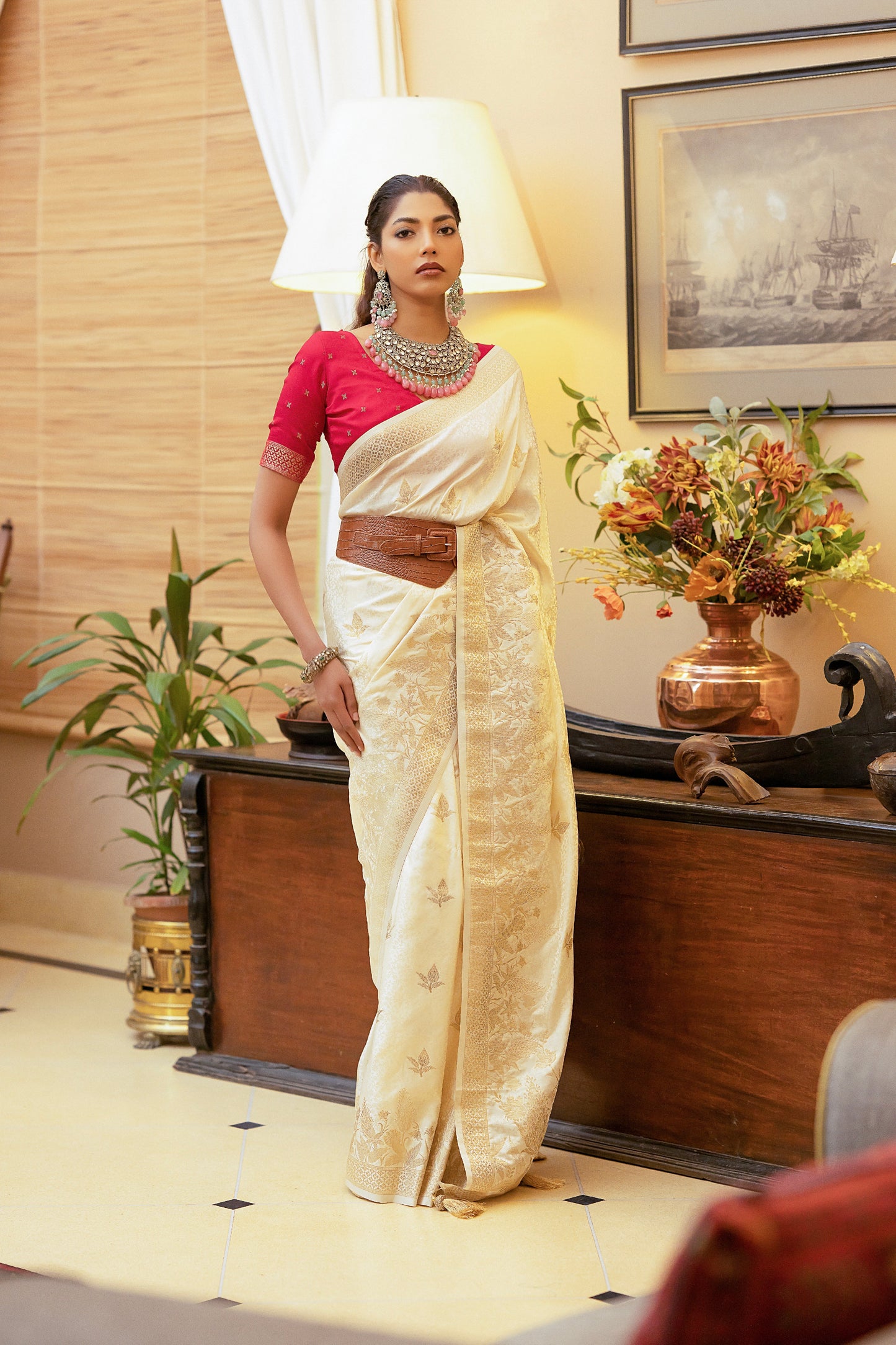 Off-White Satin Silk Saree with Zari Weaving and Satin Silk Blouse