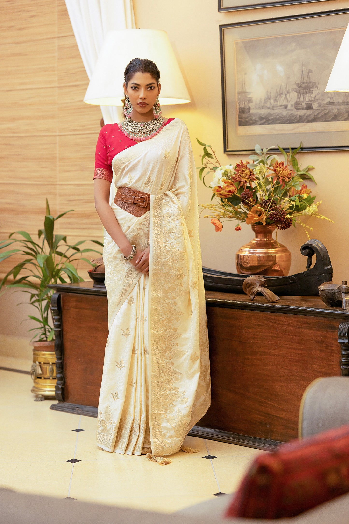 Off-White Satin Silk Saree with Zari Weaving and Satin Silk Blouse