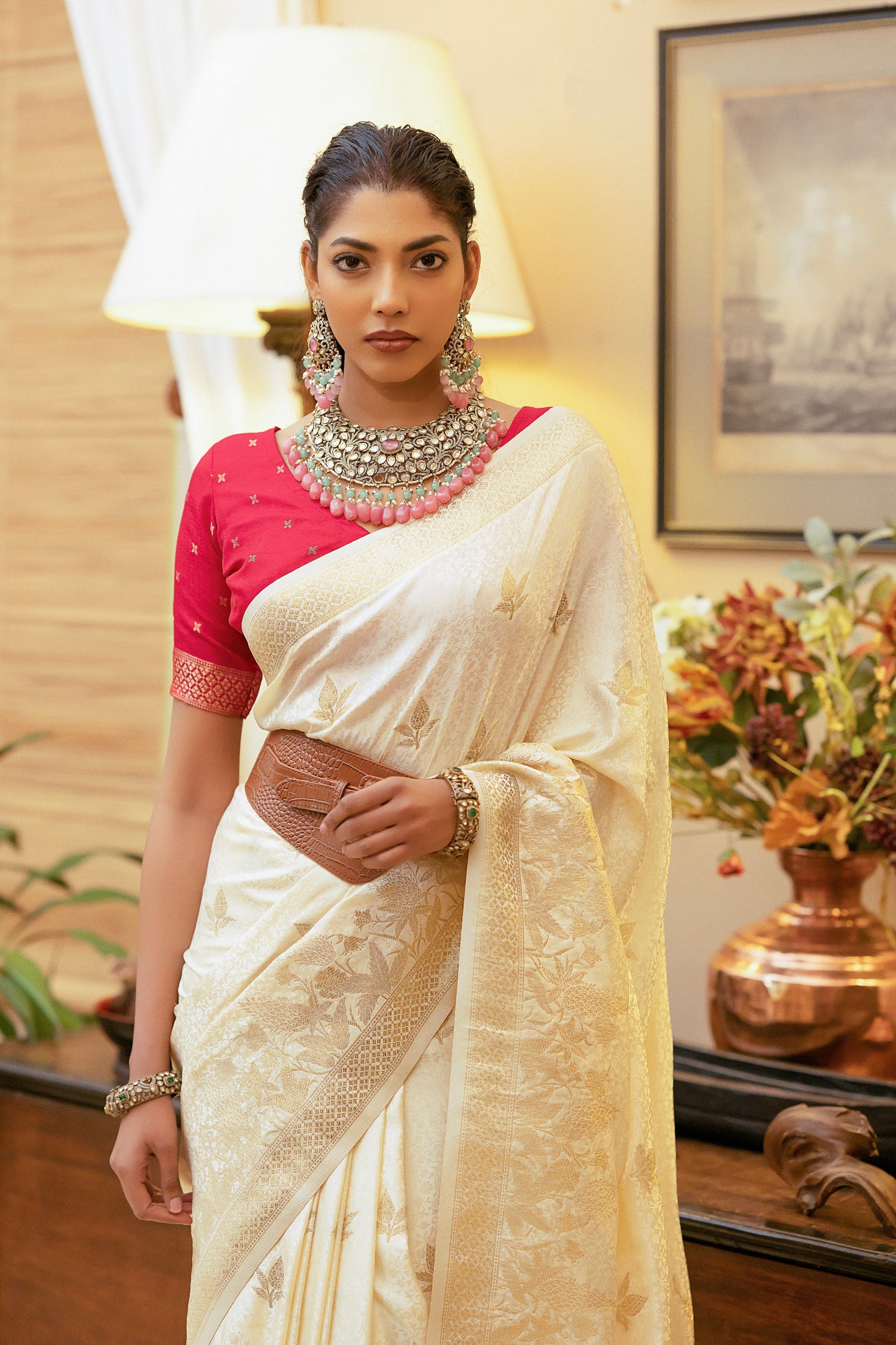 Off-White Satin Silk Saree with Zari Weaving and Satin Silk Blouse